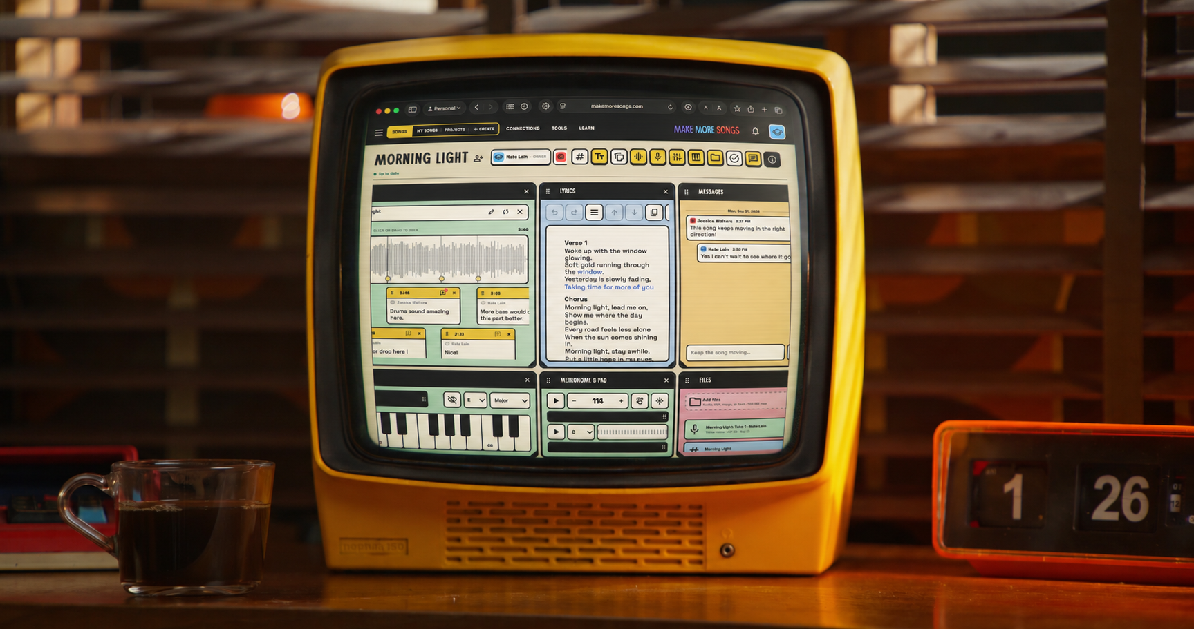 The Make More Songs workspace displayed on a retro television in a warm, music-filled room