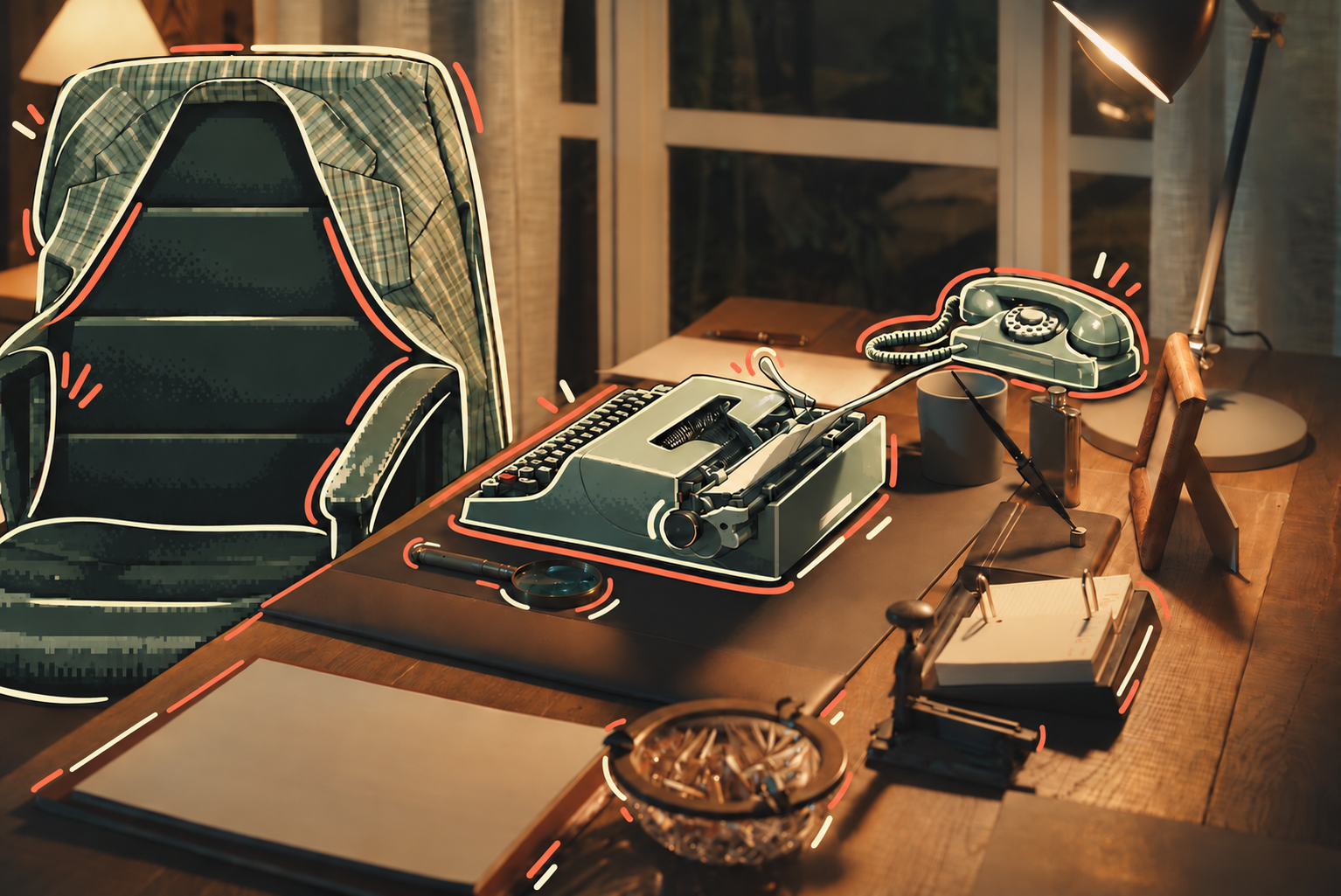 A warm songwriter's desk with a typewriter, rotary phone, and notes by the window