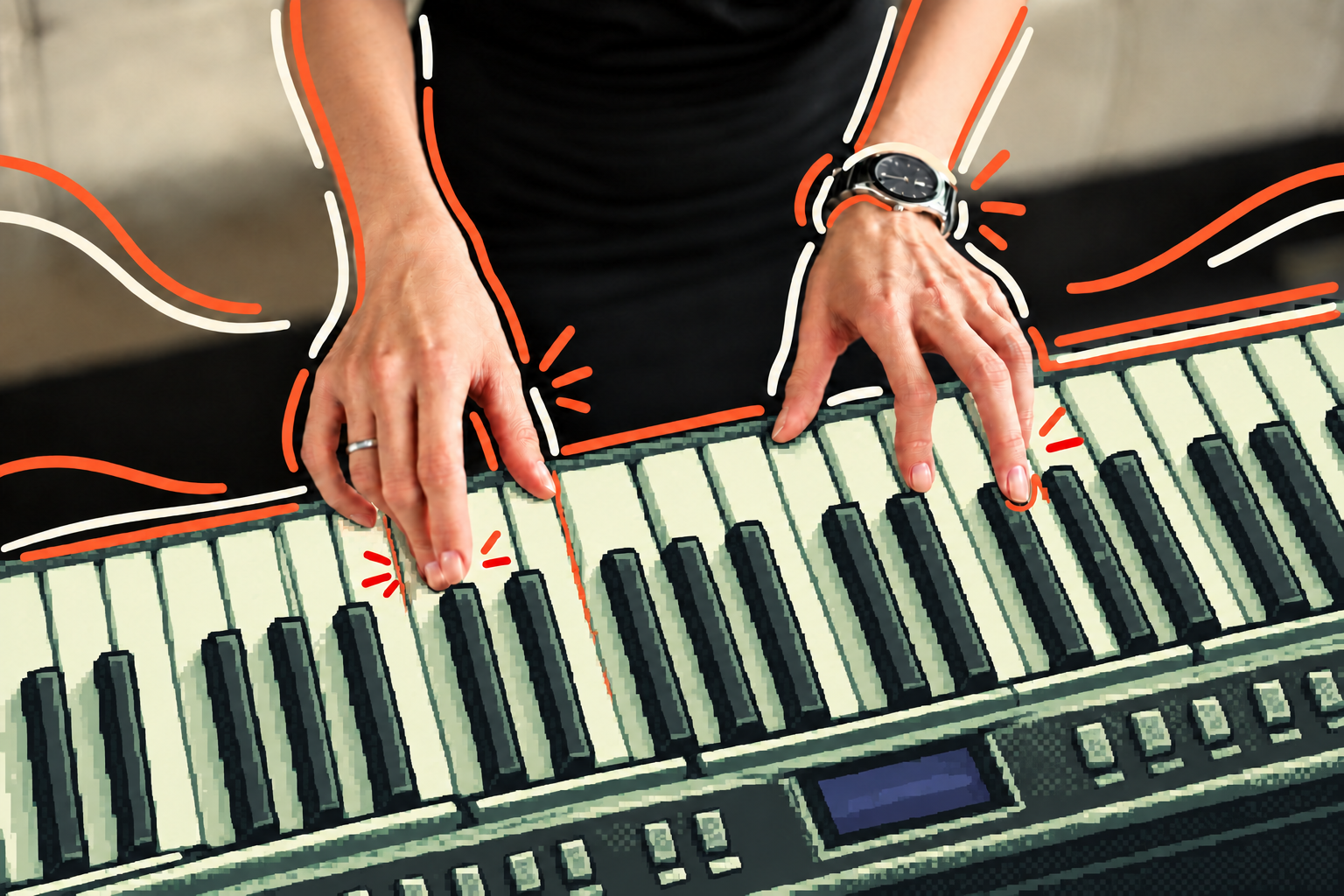 A musician playing a keyboard, with the hands finding notes across the keys