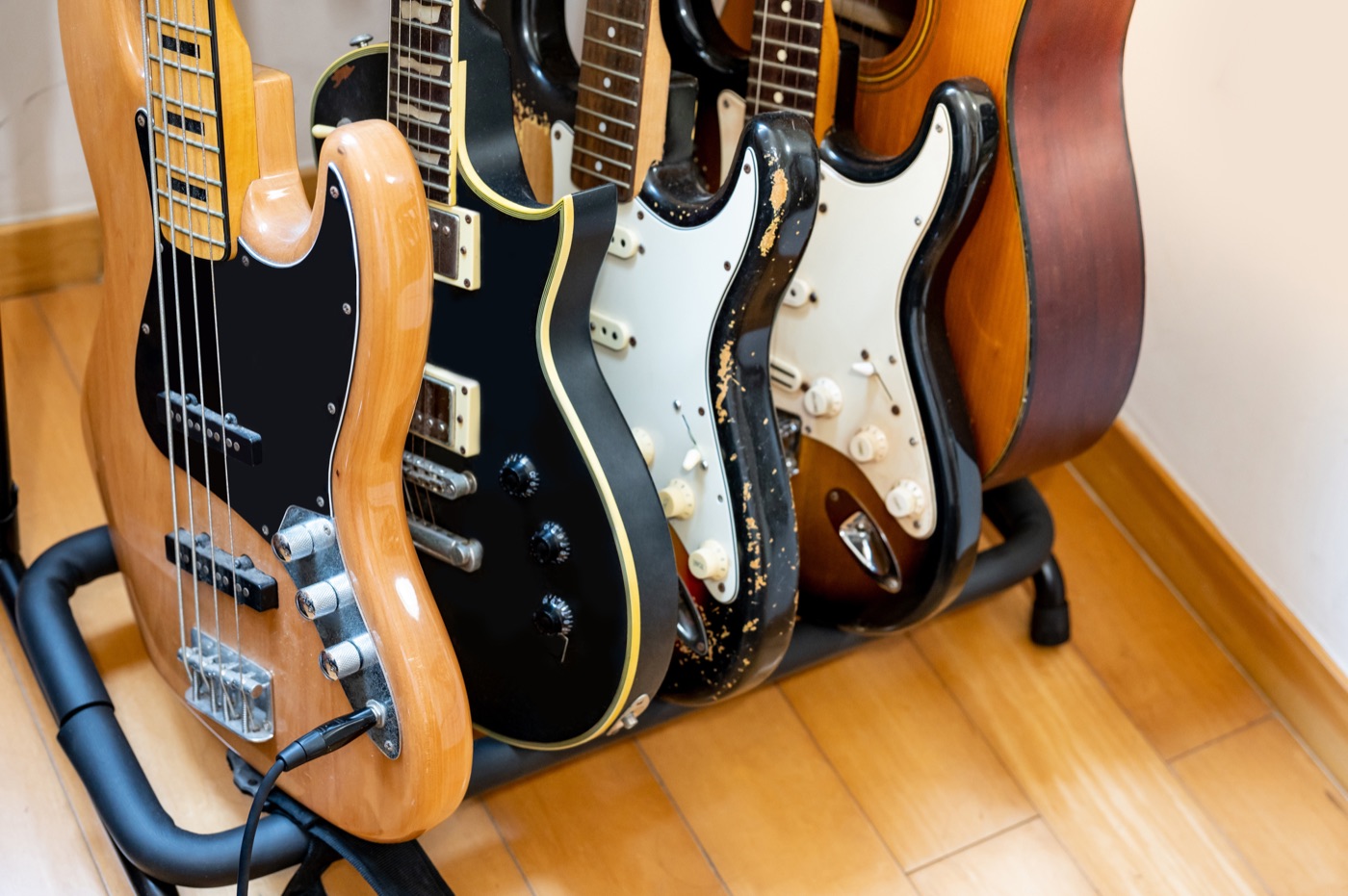 Guitars ready to play in a songwriter’s studio